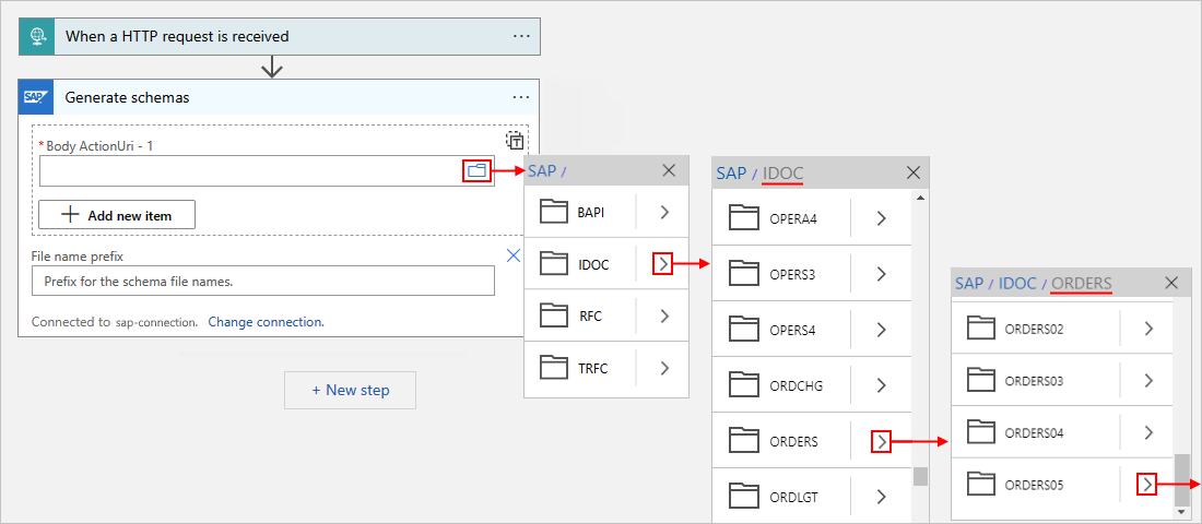 Screenshot shows Consumption workflow, Generate schemas action, and finding an Orders action.