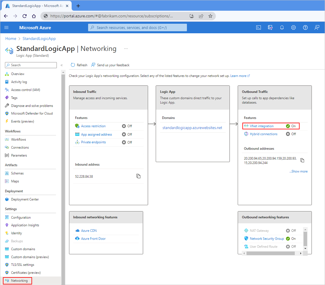 Screenshot showing Azure portal, Standard logic app resource, and Networking page with virtual network integration enabled.