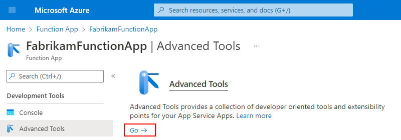 Screenshot showing function app menu with "Advanced Tools" and "Go" selected.