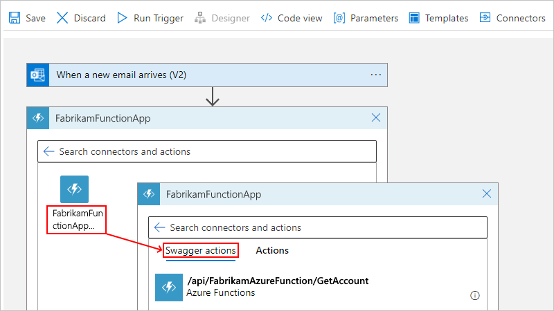 Screenshot for Consumption showing a selected function app, and then under "Swagger actions", a selected function.