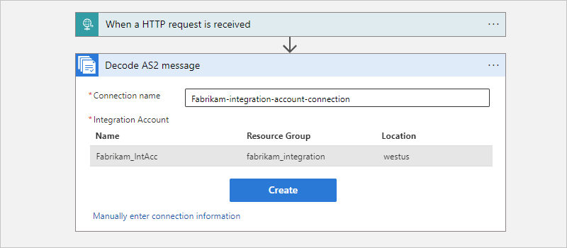Screenshot showing Consumption workflow and "Decode AS2 message" connection information.