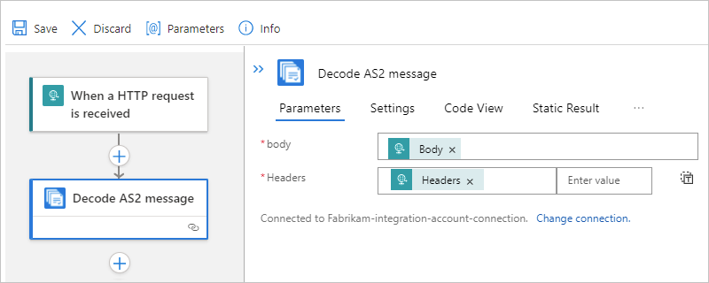 Screenshot showing the "Decode AS2 message" action with the "Body" and "Headers" outputs entered from the Request trigger.