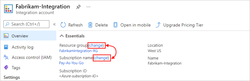 Screenshot that shows the Azure portal and the "Overview" pane with "change" selected next to "Resource group" or "Subscription name".