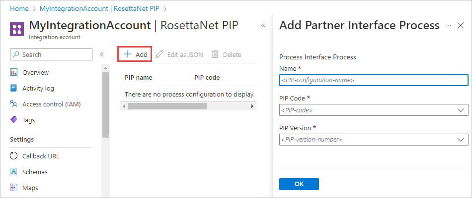Screenshot of the RosettaNet PIP page, with Add selected. The Add Partner Interface Process pane contains boxes for the name, code, and version.