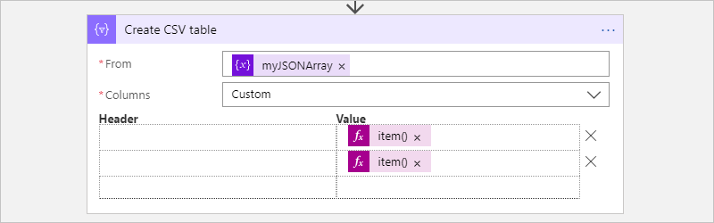 Screenshot showing the "Create CSV table" action in a Consumption workflow and the "item()" function.