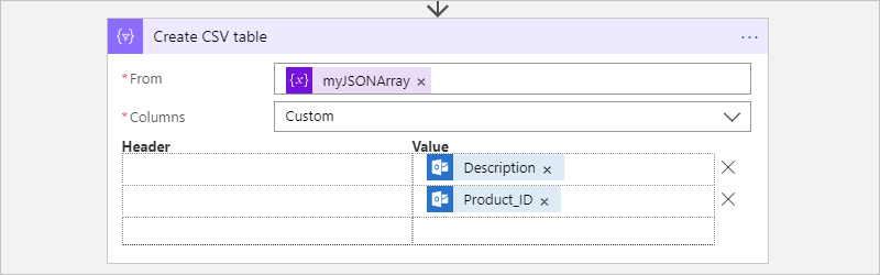 Screenshot showing the "Create CSV table" action in a Consumption workflow and resolved expressions without headers.