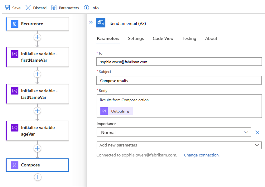 Screenshot showing the Azure portal, designer for an example Standard workflow, and the "Send an email" action with the output from the preceding "Compose" action.
