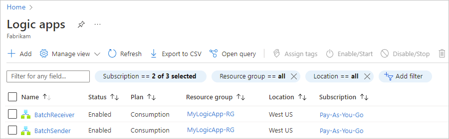 Screenshot showing all logic apps in selected Azure subscriptions.