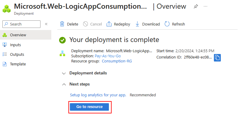 Screenshot shows the resource deployment page and selected button named Go to resource.