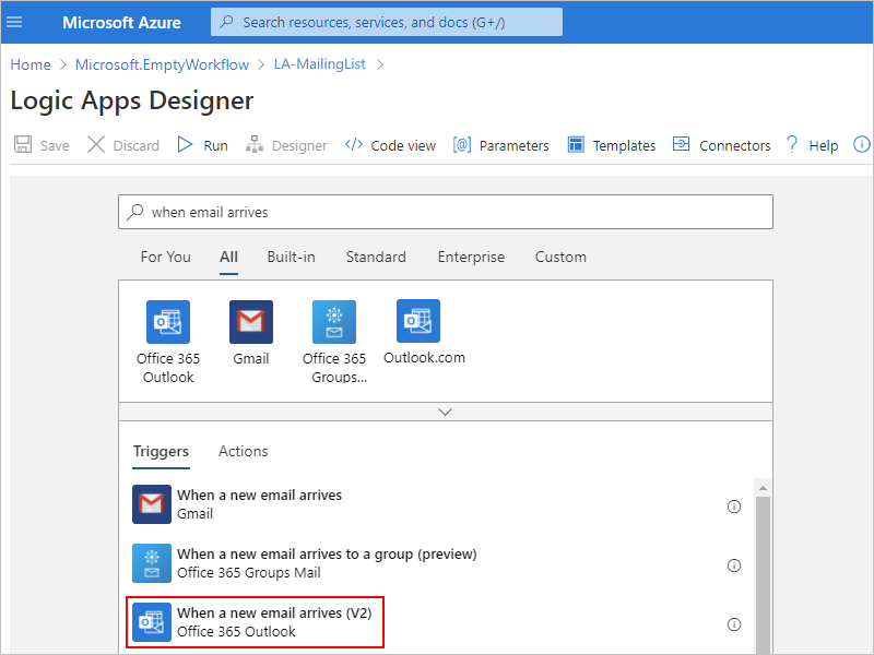 Screenshot that shows the Logic Apps Designer search box that contains the "when email arrives" search term, and the "When a new email arrives" trigger appears selected.