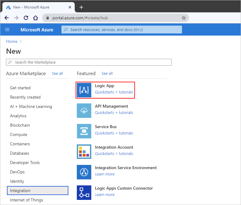 Screenshot that shows Azure Marketplace menu with "Integration" and "Logic App" selected.
