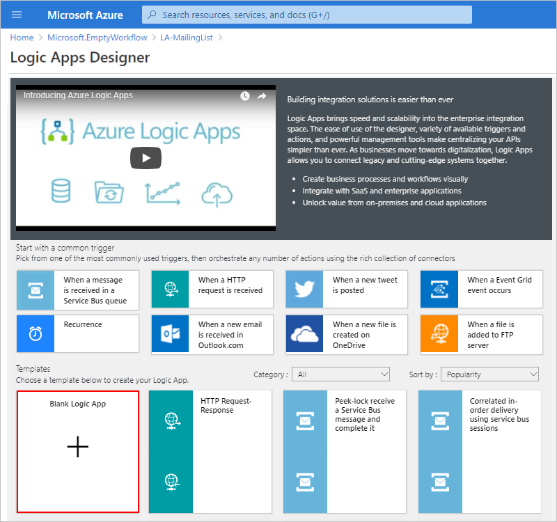 Screenshot that shows the Logic Apps template selection pane with "Blank Logic App" selected.