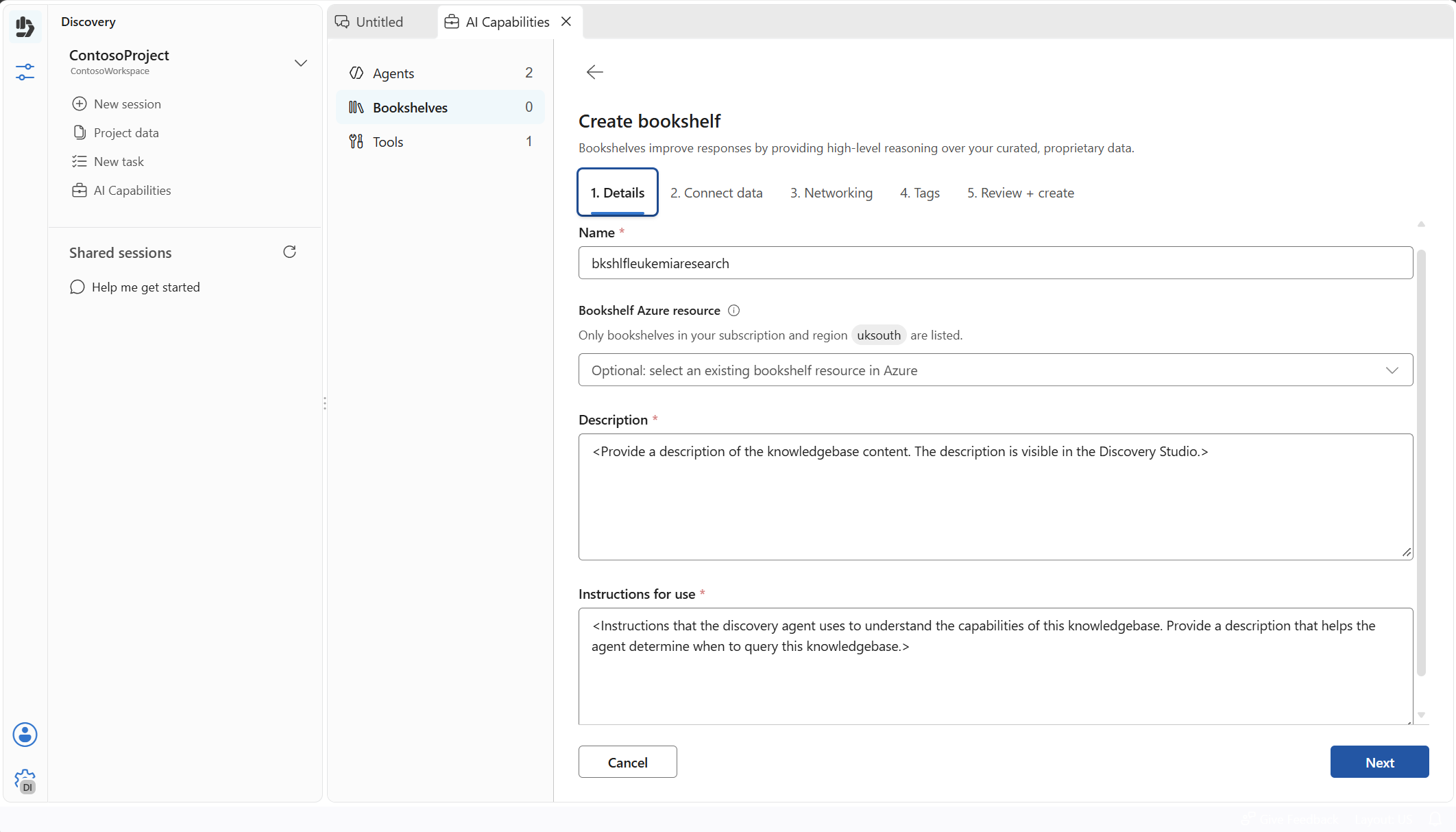 Screenshot that shows the Details step of the New Bookshelf wizard in Discovery Studio.