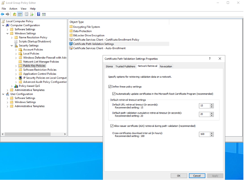 Screenshot of local group policy editor.