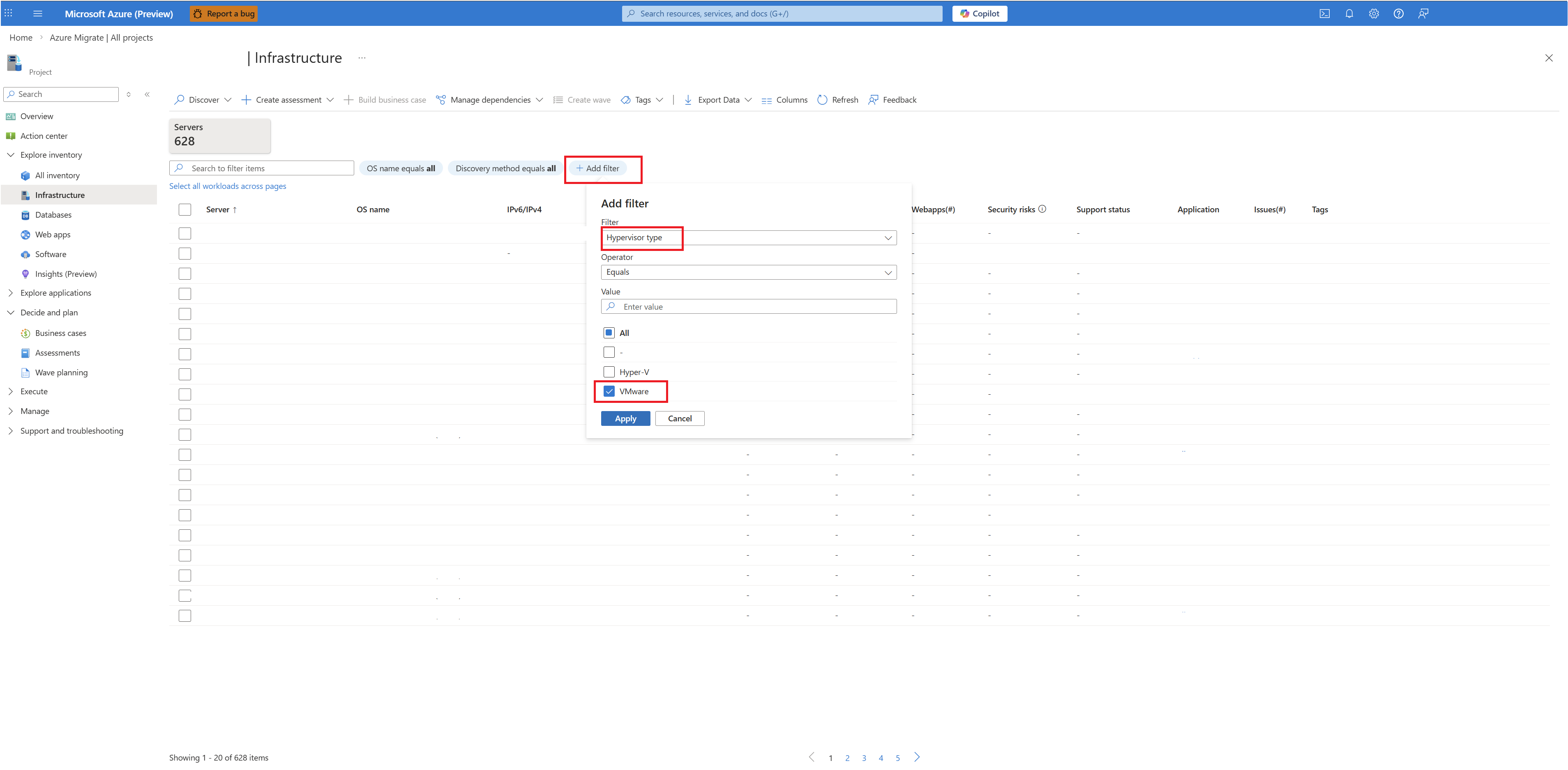 Screenshot of page for selecting VMware VMs.