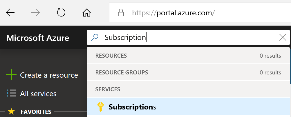 Screenshot of Search box to search for the Azure subscription.