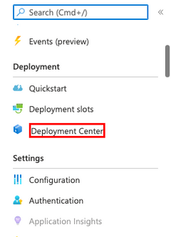 A screenshot showing how to open the deployment center in App Service.