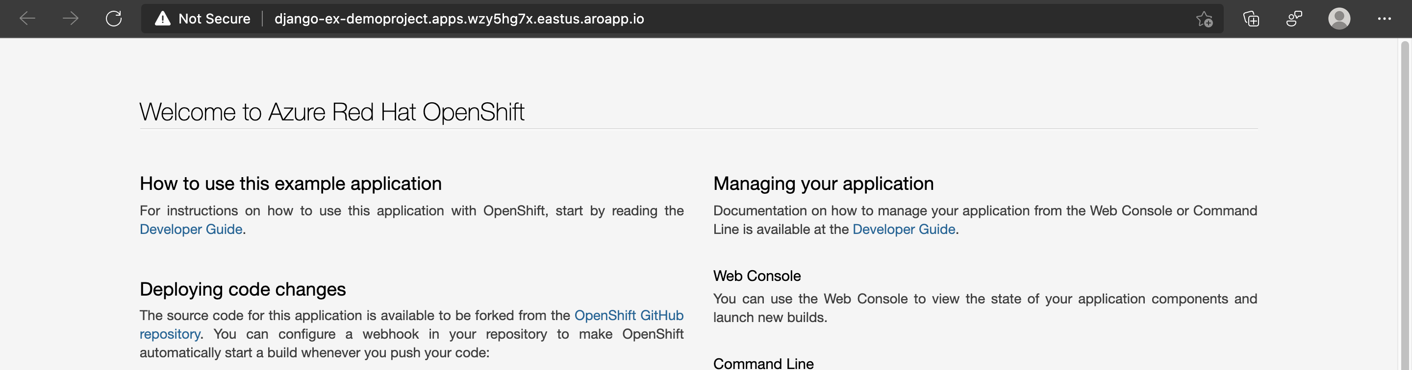 Azure Red Hat OpenShift project from Git - Browse updated app