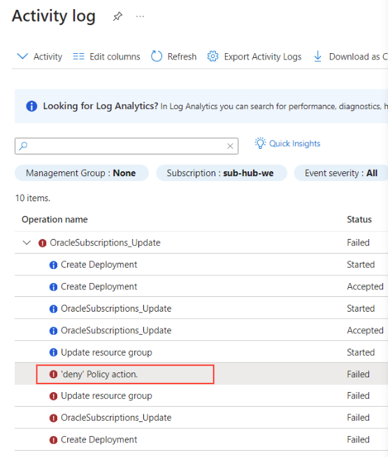Screenshot that shows the Azure activity log with a 'deny' policy action that caused a failure for the OracleSubscriptions_Update operation.