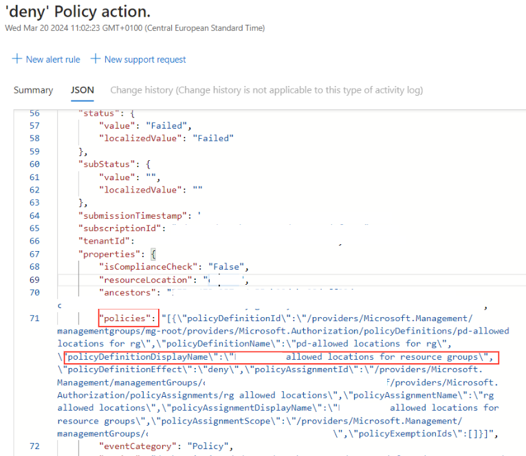 Screenshot that shows a JSON file with example policies, including a policy that limits the allowed locations for resource groups.