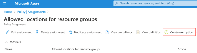 Screenshot that shows the Create exemption button in the Azure portal.