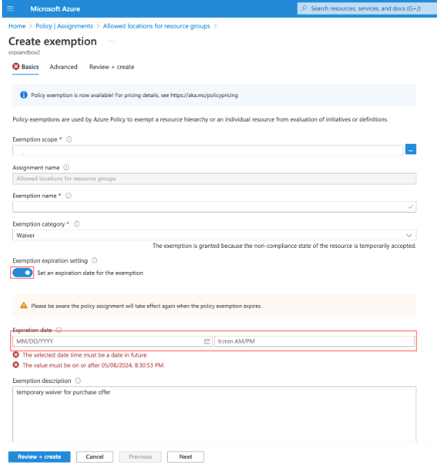 Screenshot that shows the Azure portal Create exemption pane.