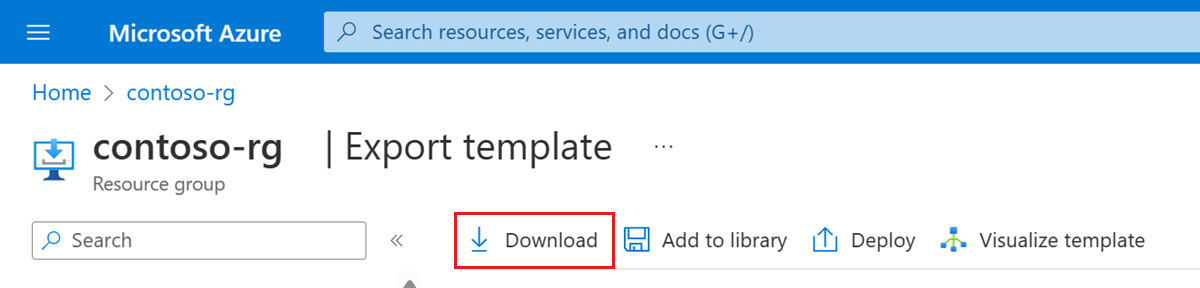Screenshot of the Azure portal showing the option to download a template.