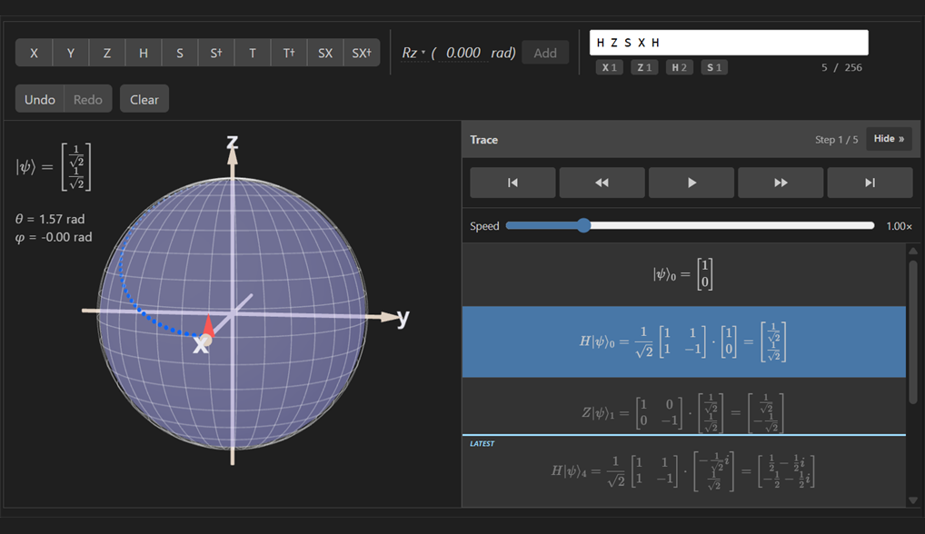 Screenshot of the QDK Bloch sphere visualizer with the state trace visible.
