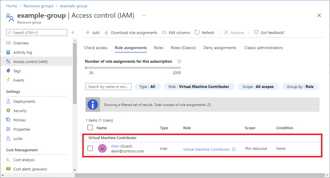 Screenshot of role assignment for Virtual Machine Contributor.