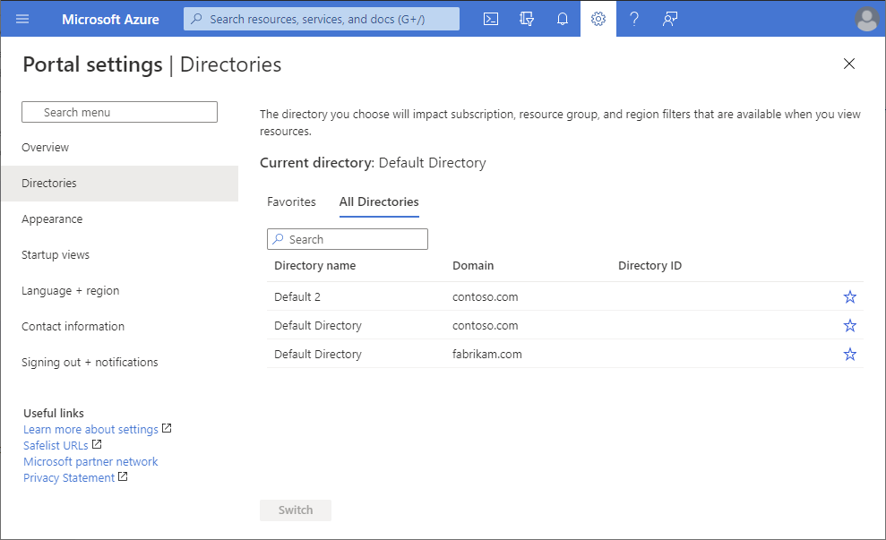 Screenshot of Portal setting Directories section in Azure portal.