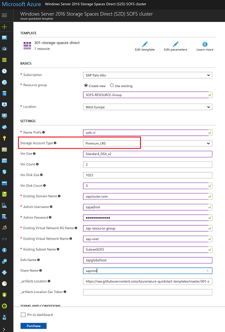Figure 2: UI screen for the Scale-Out File Server Azure Resource Manager template without managed disks