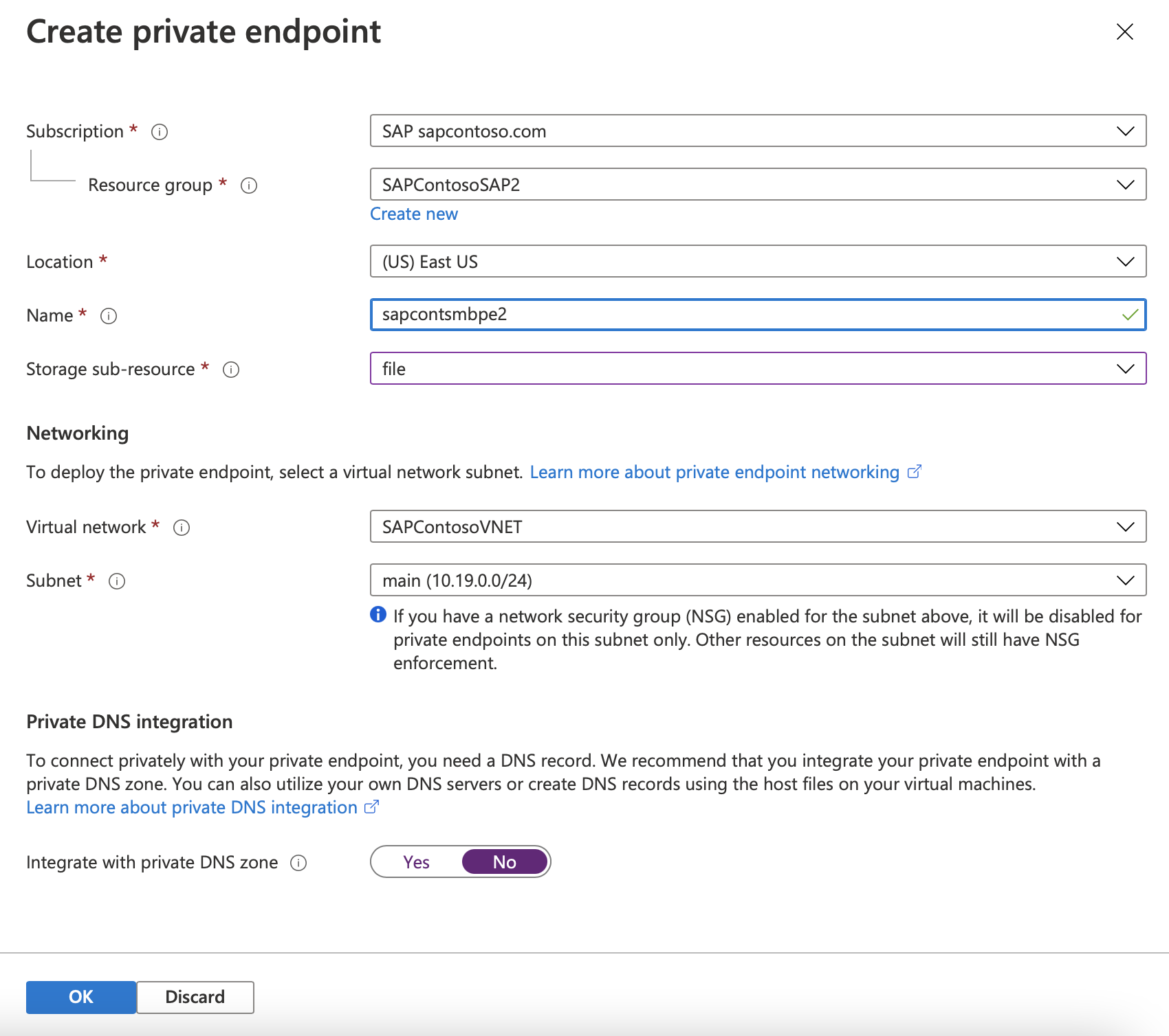 Screenshot of the Azure portal that shows options for private endpoint definition.