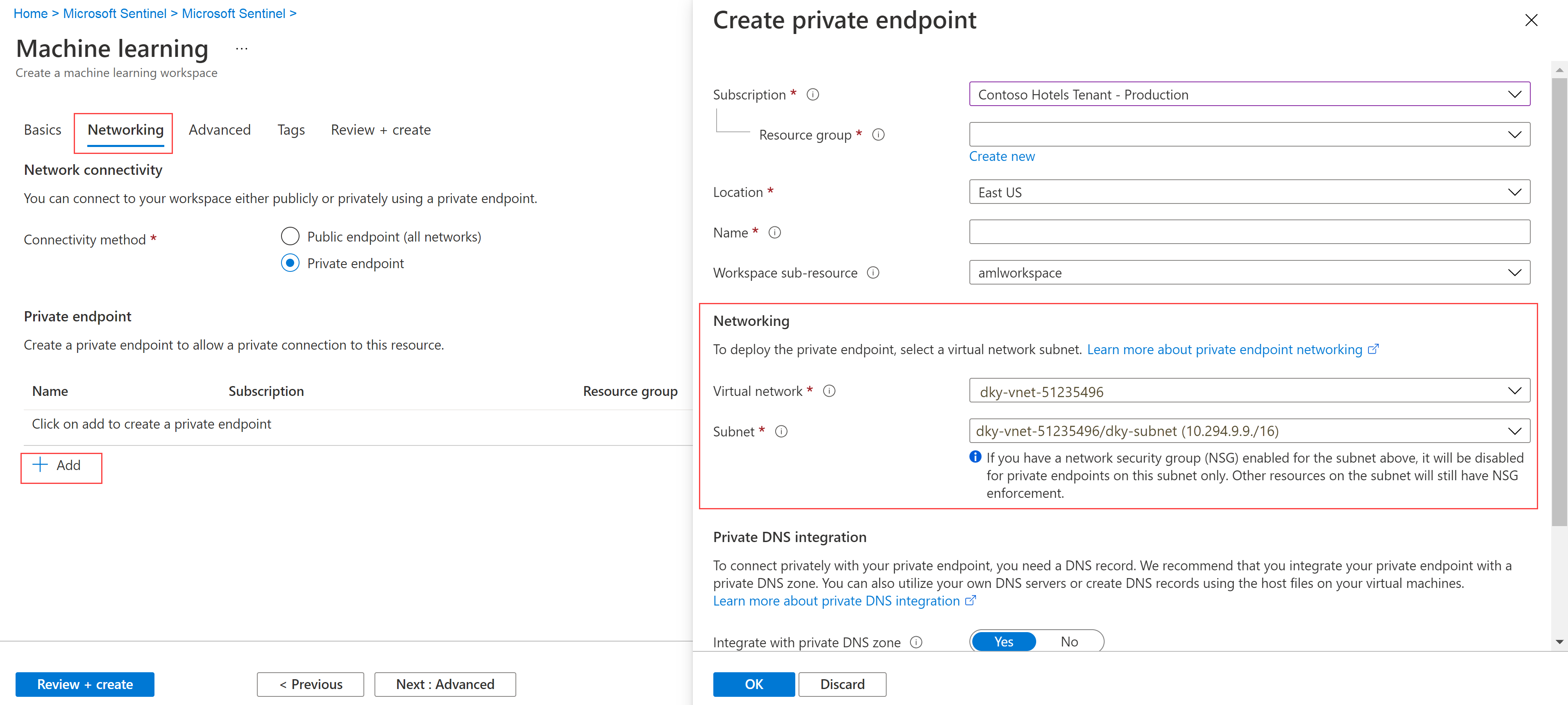 Screenshot of the Create private endpoint page in Microsoft Sentinel.
