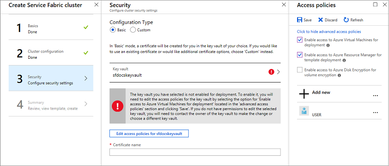 Screenshot shows the Create Service Fabric cluster pane with the Security pane open and the Access policies pane open.