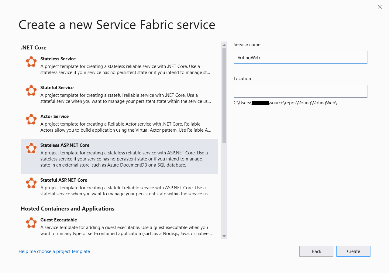Screenshot that shows choosing an ASP.NET web service on the new service pane.