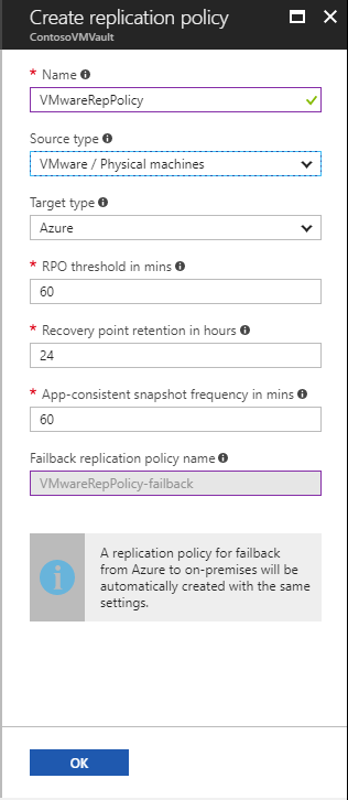 Screenshot of the Create replication policy options.