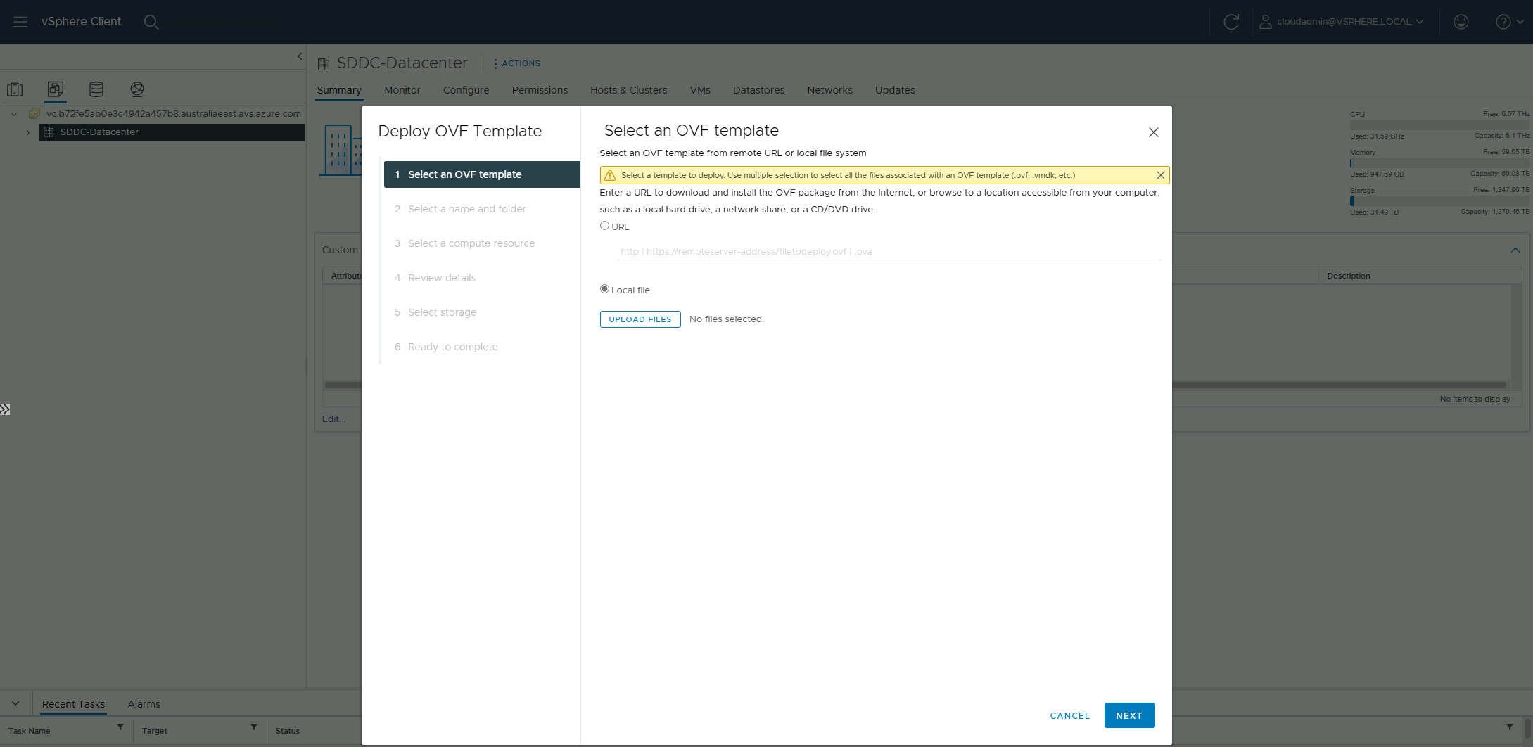 Screenshot of the Deploy OVF template command in the VMWare vSphere Client.