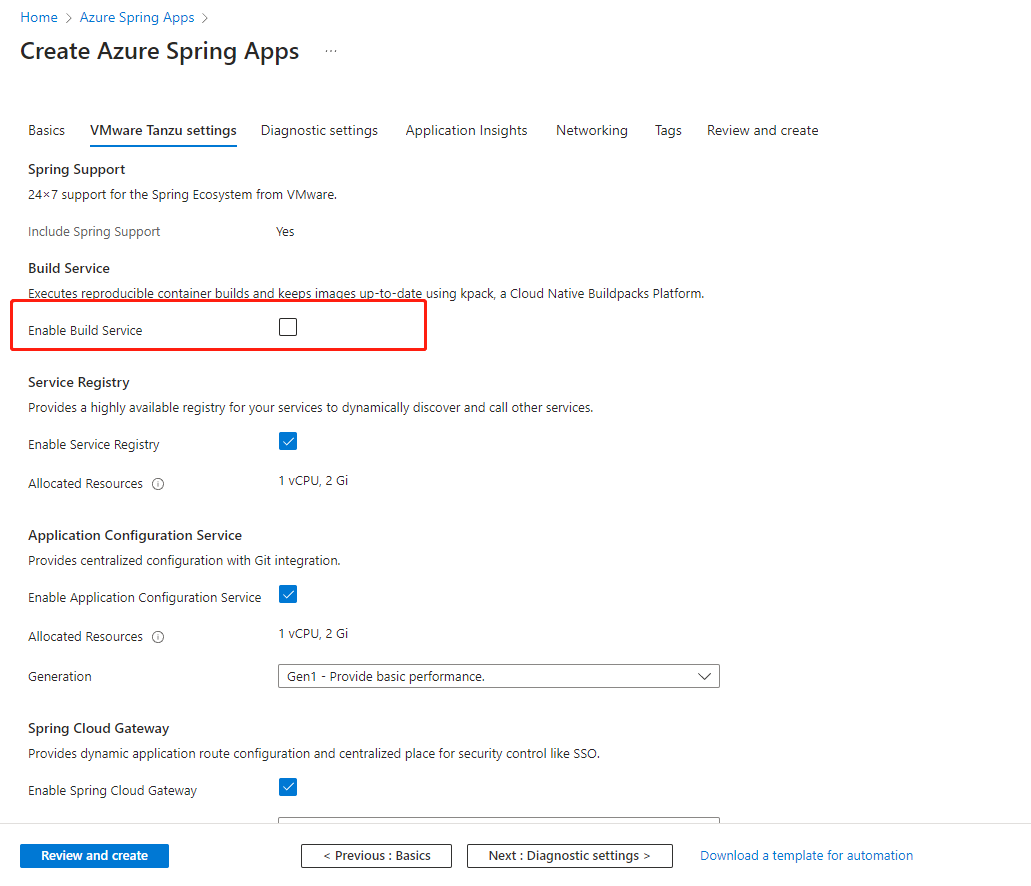 Screenshot of the Azure portal that shows V M ware Tanzu Settings for the Azure Spring Apps Create page with the Enable Build Service not selected.