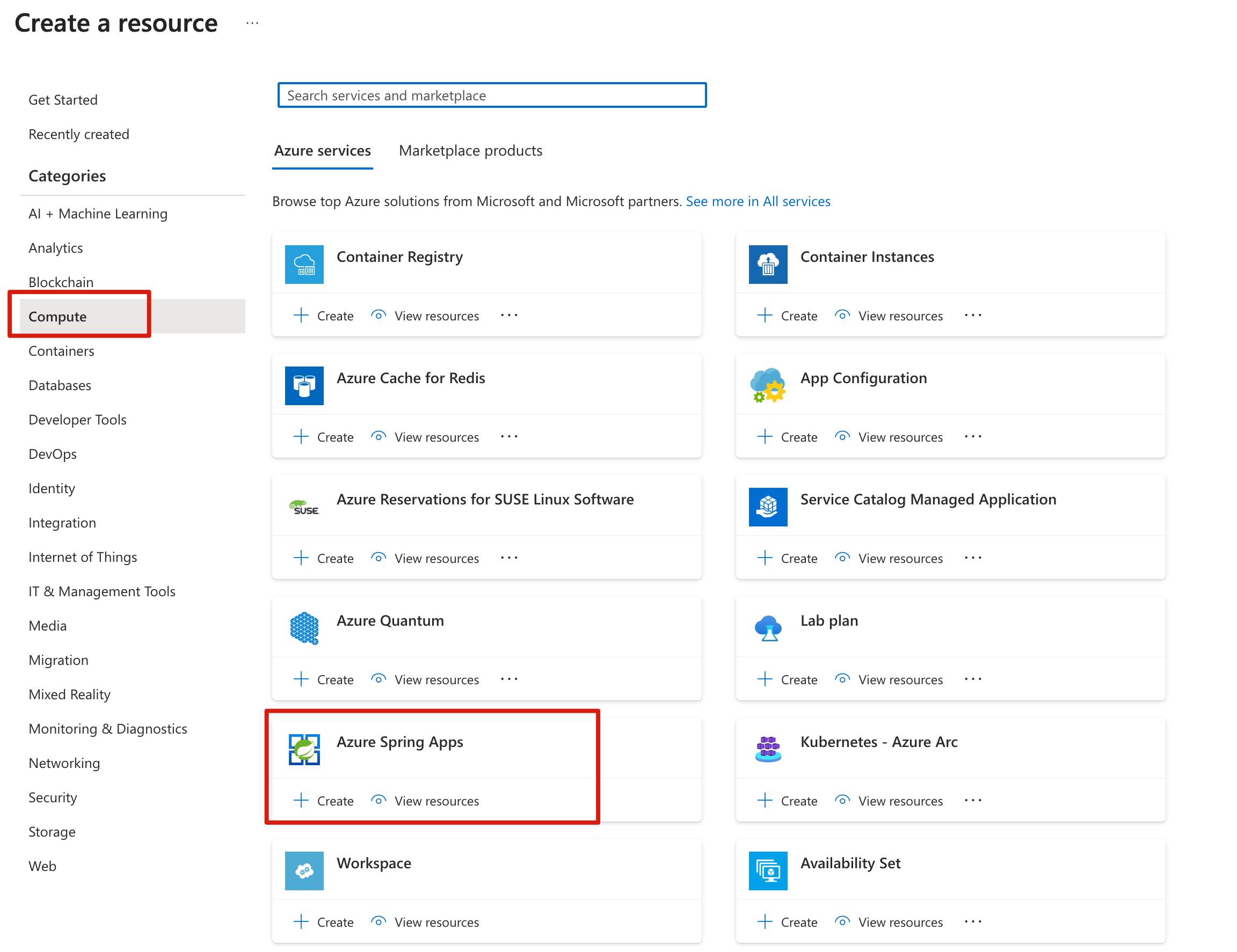 Screenshot of the Azure portal that shows the Create a resource page with Azure Spring Apps highlighted.