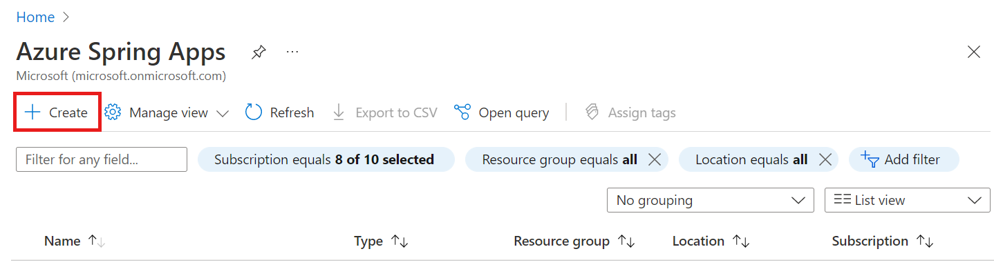 Screenshot of Azure portal showing Azure Spring Apps resource with Create button highlighted.