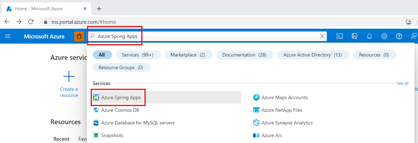 Screenshot of Azure portal showing Azure Spring Apps service in search results.