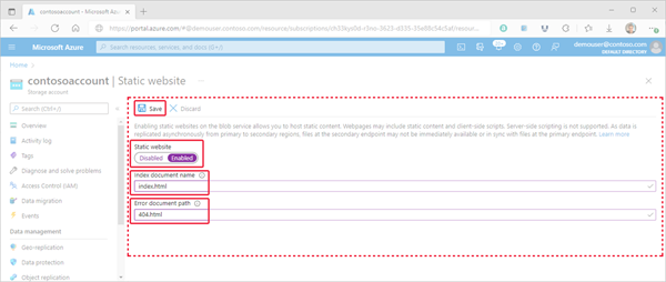 Image showing how to set the Static website properties within the Azure portal