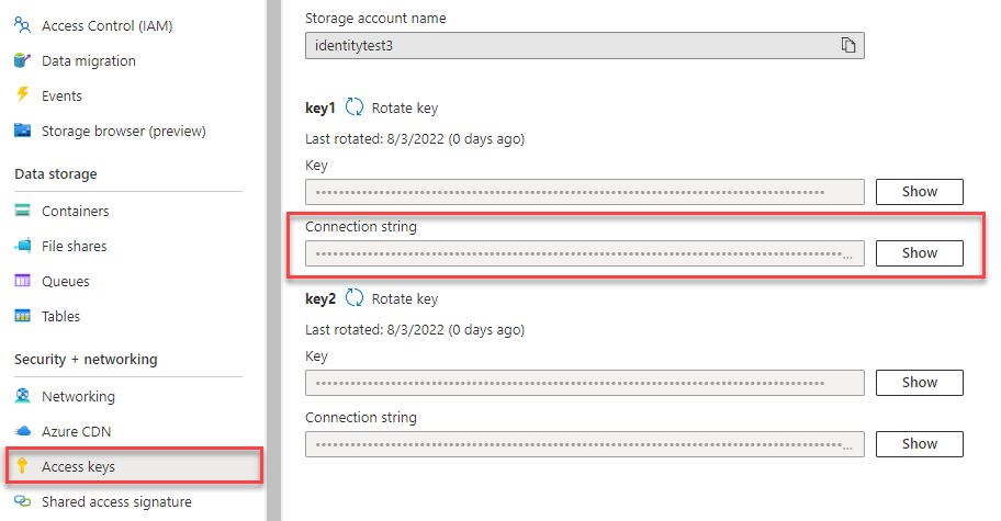 Screenshot showing how to copy a connection string from the Azure portal.