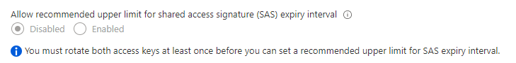 Screenshot showing the option to configure a SAS expiration policy is grayed out in the Azure portal.
