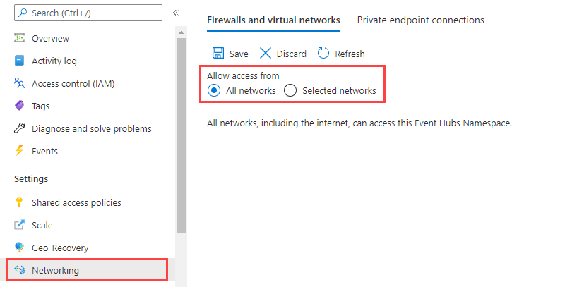 Screenshot of the Event Hub networking page, showing the selection of allowing access to all networks.
