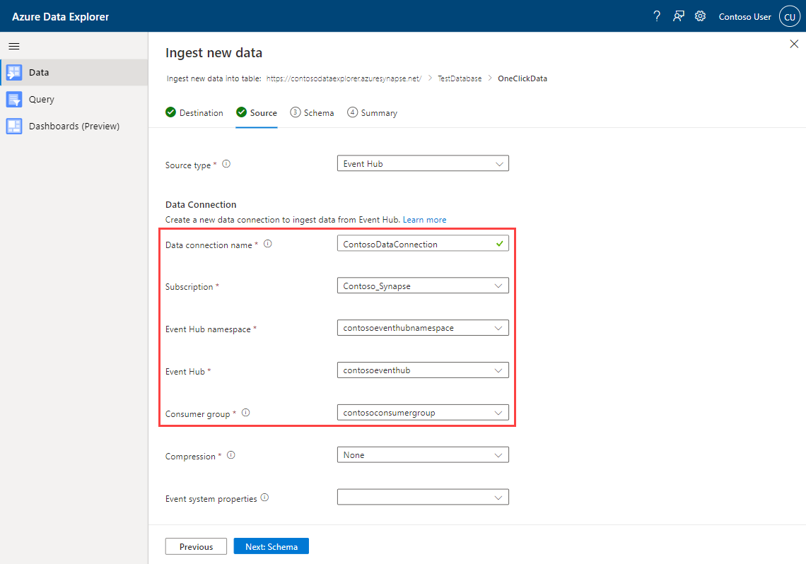 Screenshot of source tab with project details fields to be filled in - ingest new data to Azure Synapse Data Explorer with Event Hub in the one click experience.