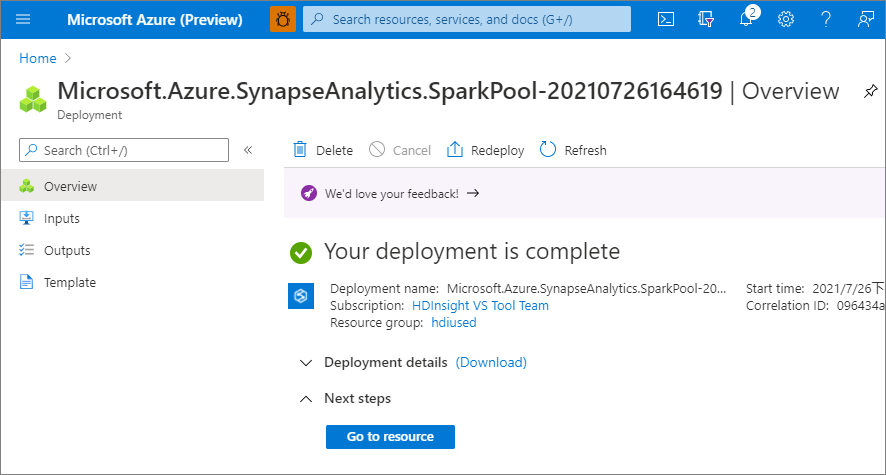 Screenshot that shows the "Overview" page with a "Your deployment is complete" message displayed.