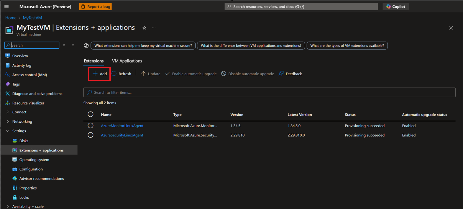 Screenshot that shows adding a VM extension for the selected VM in the Azure portal.