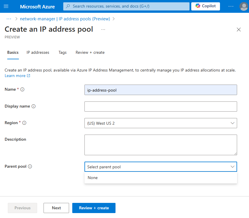 Screenshot of Create an ip address pool setting's window for a root pool.