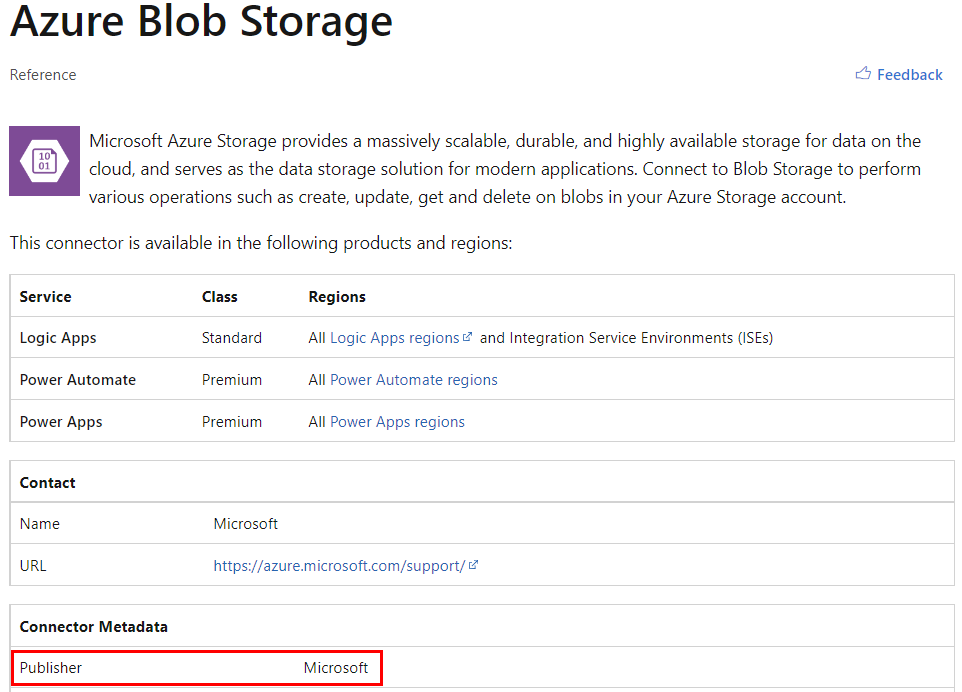 Screenshot of where to find the publisher in the 'Azure Blob Storage' connector.